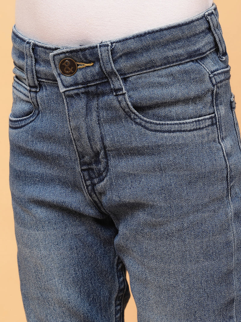 Boys Mid Blue Whisker Slim Fit Stretchable Denim Jeans