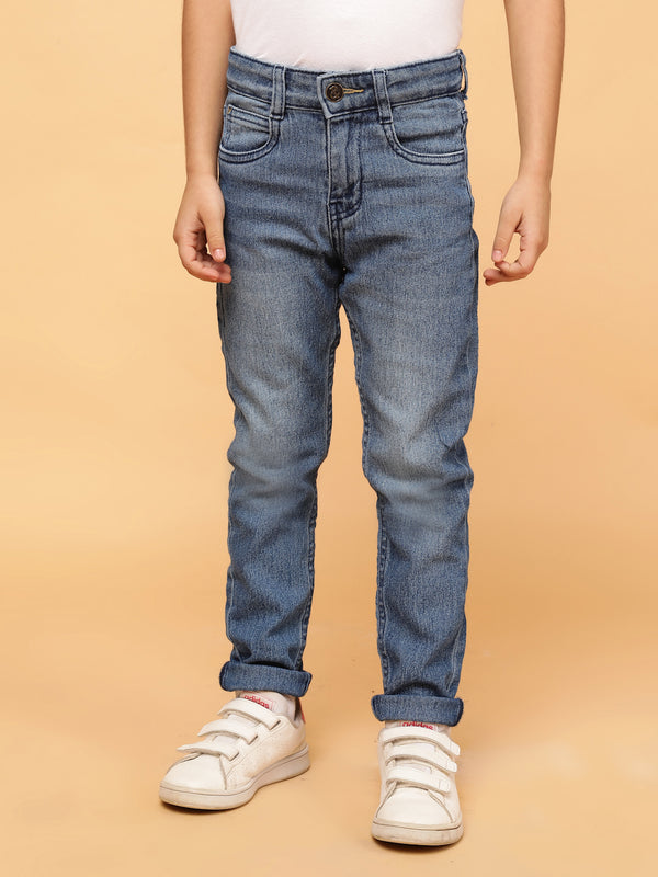 Boys Mid Blue Whisker Slim Fit Stretchable Denim Jeans