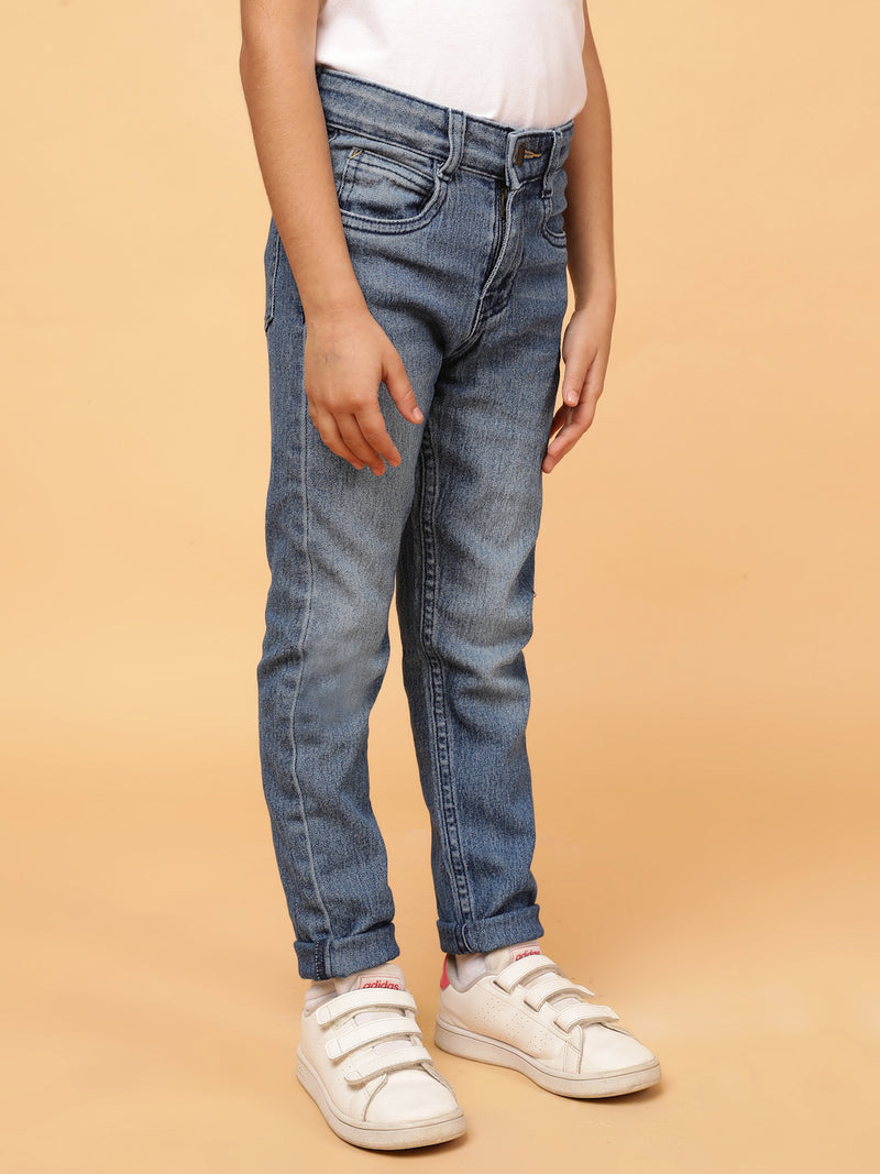 Boys Mid Blue Whisker Slim Fit Stretchable Denim Jeans