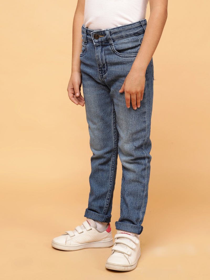 Boys Mid Blue Whisker Slim Fit Stretchable Denim Jeans