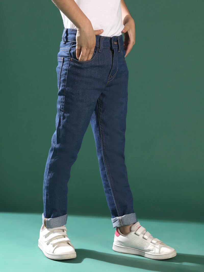 Boys Dark Blue Cotton Slim Fit Jeans