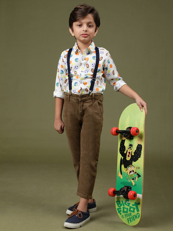 Boys Brown Lycra Blend Slim Fit Solid Trouser With Suspender