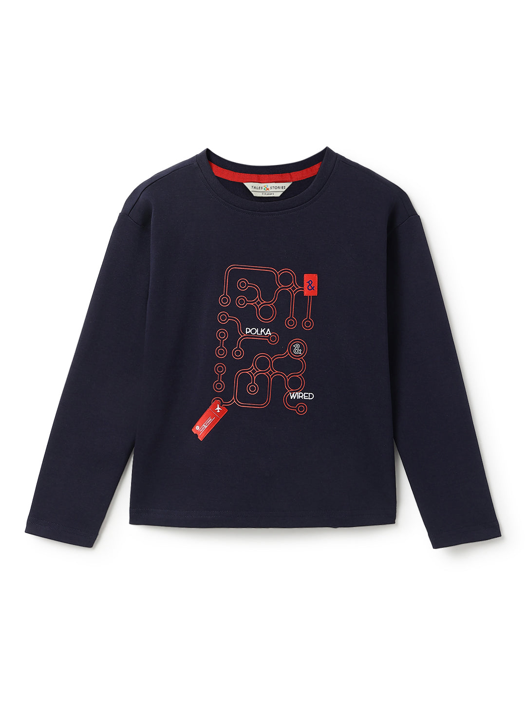 Boys Cotton Printed Navy Blue T-Shirt With Black Cotton Solid Tapered Fit Trouser