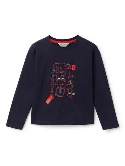 Boys Cotton Printed Navy Blue T-Shirt With Black Cotton Solid Tapered Fit Trouser