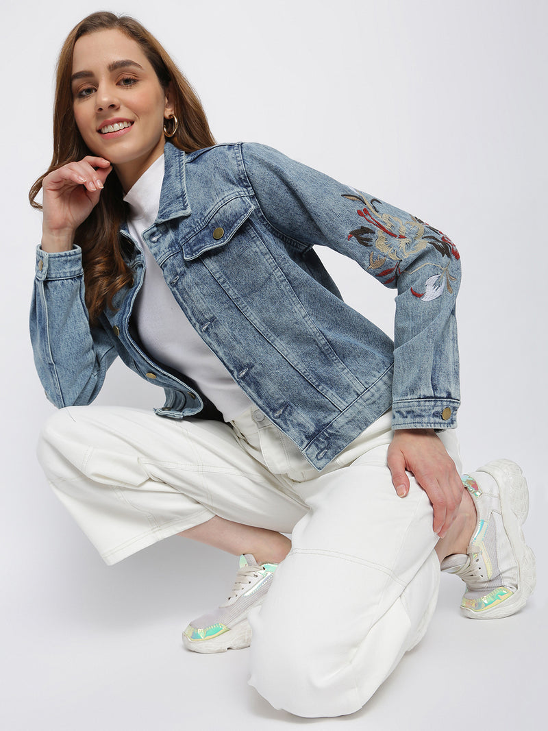 Women Mid-Blue Printed Denim Jacket