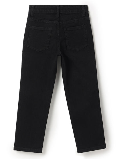 Boys Cotton Peach T-Shirt With Black Denim Washed Straight Fit Jeans