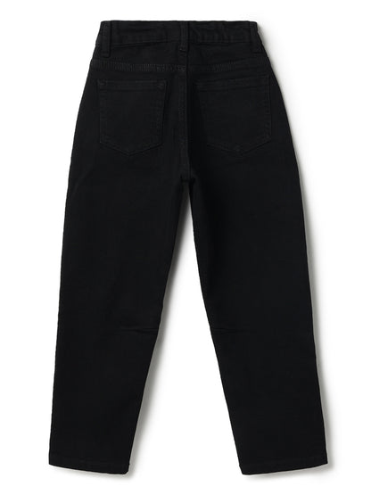 Boys Cotton Solid Blue Shirt With Black Denim Washed Barrel Fit Jeans