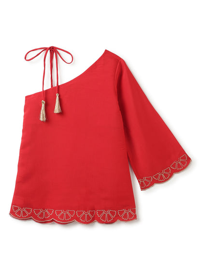 Girls Red Ethnic One Shoulder Top & Pant Set