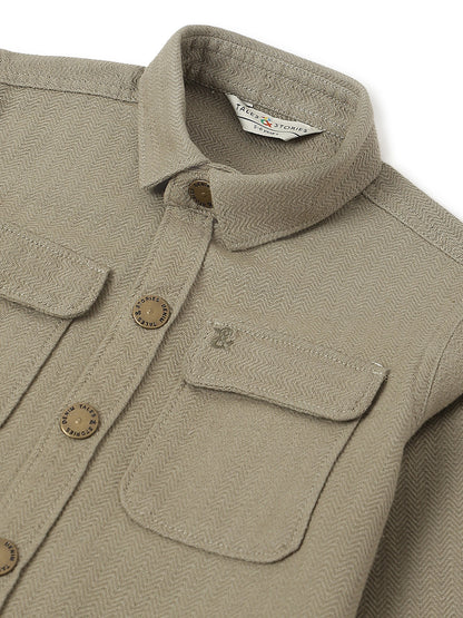 Boys Olive Cotton Solid Shacket
