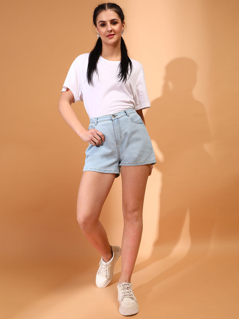 Women Denim Solid Light Blue Shorts