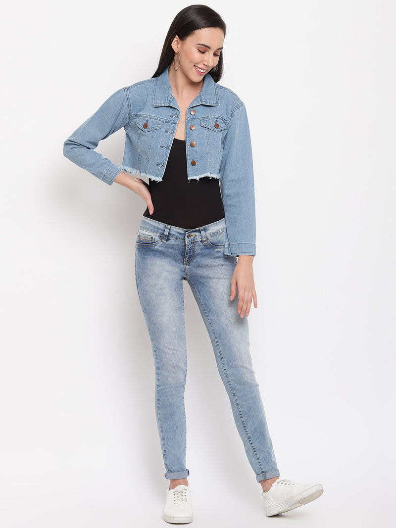 Women Light Blue Cropped Denim Jacket