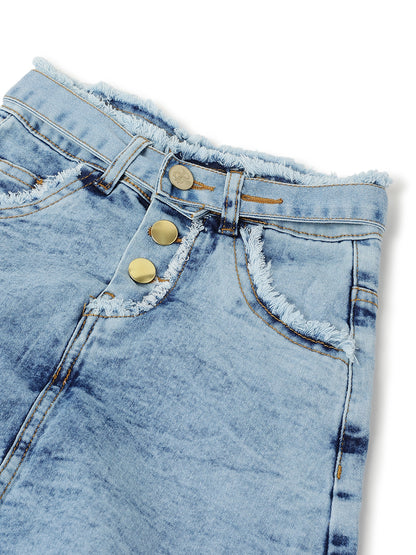 Girls Blue A-Line Lycra Denim Washed Casual Skort
