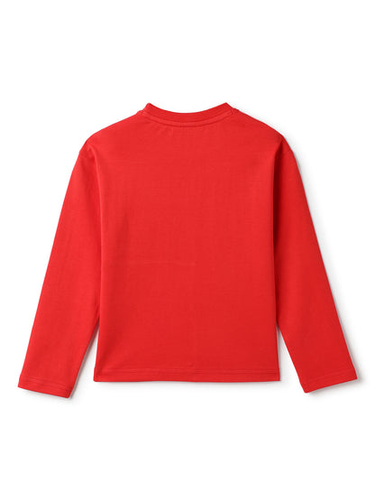 Boys Cotton Printed Red T-Shirt With Off White Denim Slim Fit Jeans