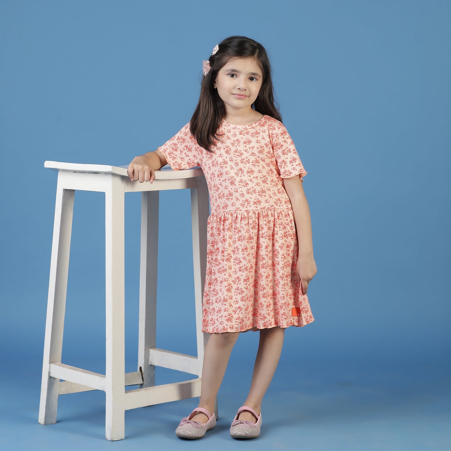 Girls Peach Floral A-Line Dress