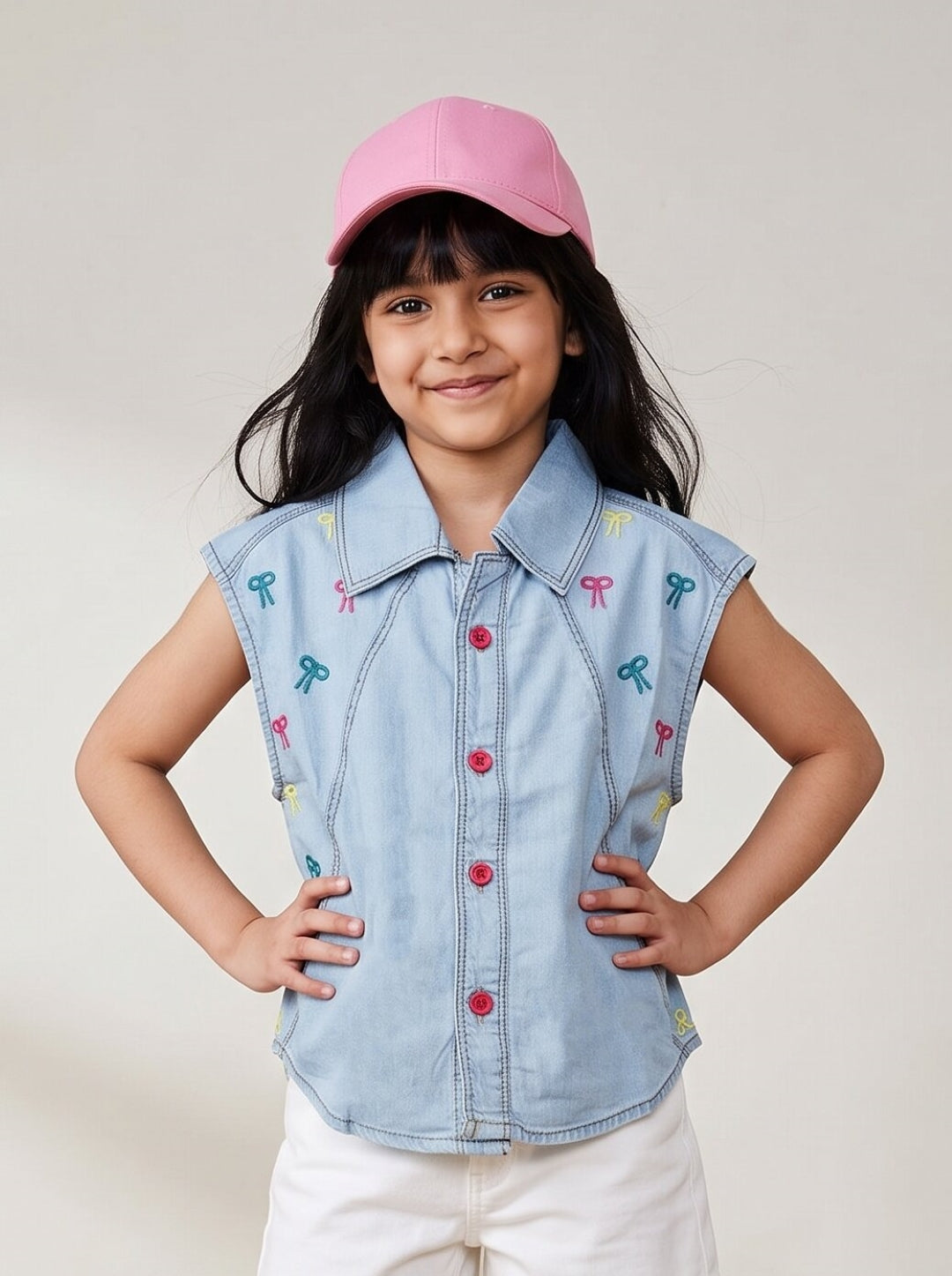 Girls Light Blue Cotton Blend Embroidered Shirt