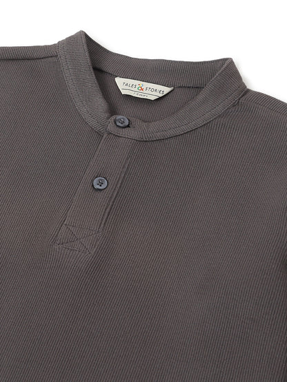Boys Dark Grey Henley Neck Solid T-Shirt