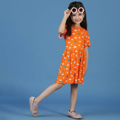 Girls Orange Floral A-Line Dress