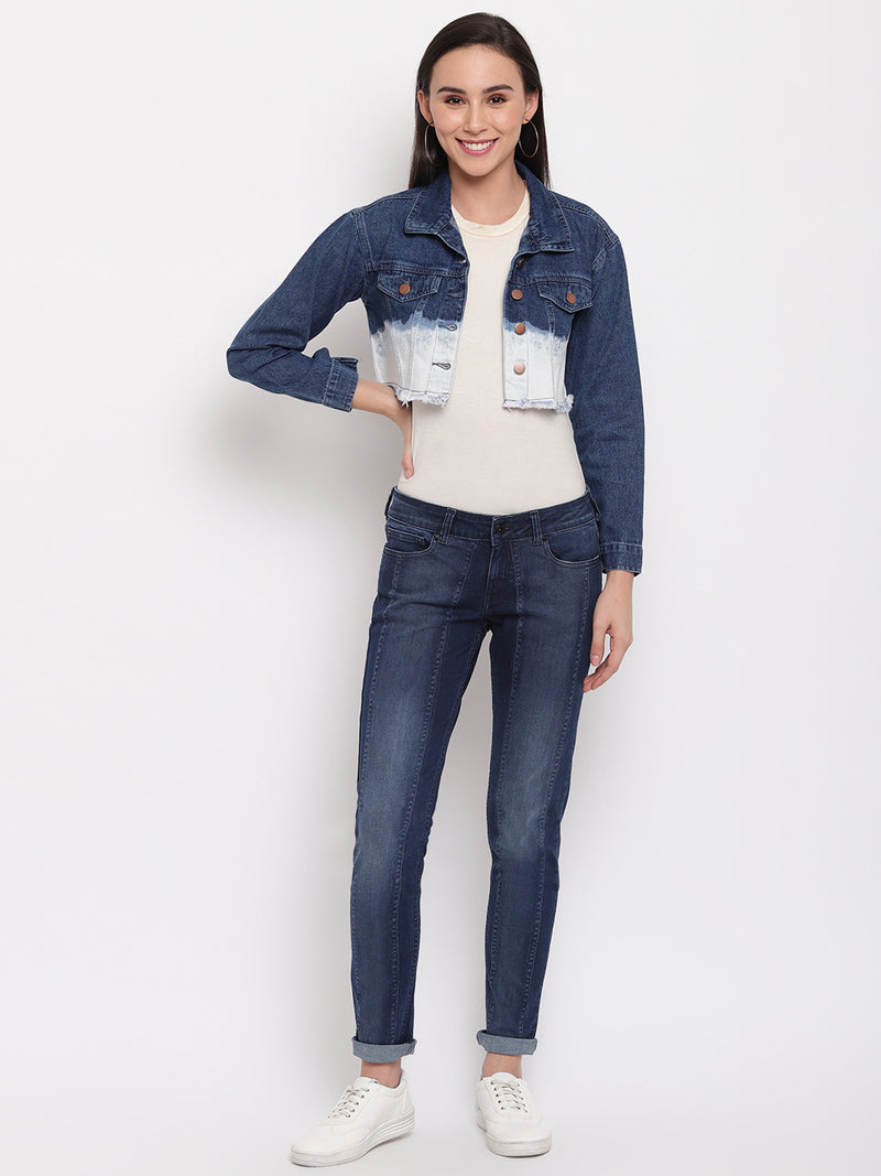 Women Blue Cropped Denim Jacket