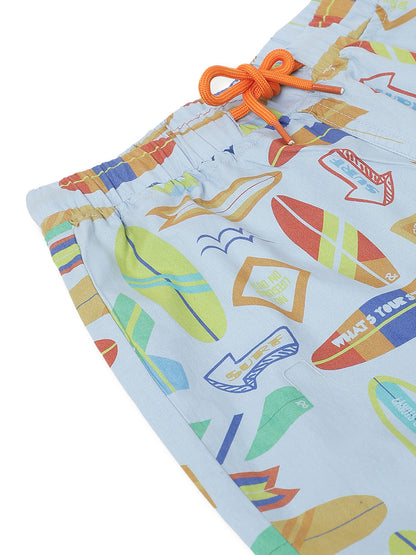 Boys Sky Blue Printed Knee Length Shorts