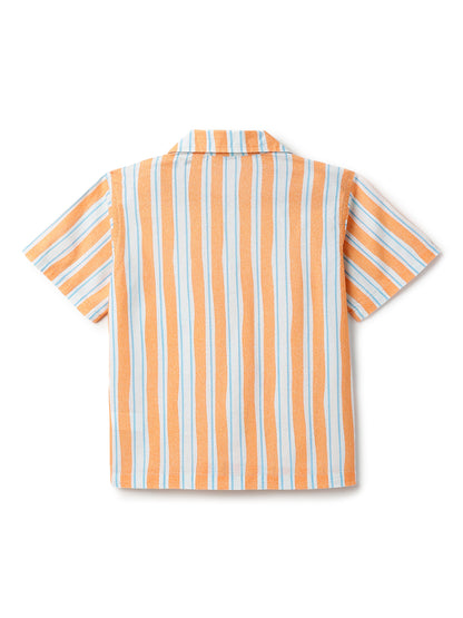 Boys Cotton Orange Shirt With Blue Denim Joggers Clothing Set