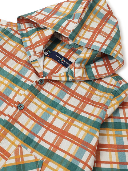 Boys Cotton Multicolor Checked Hooded Shirt