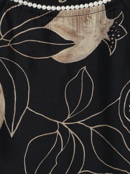 Girls Black Printed Viscose Kurta Set