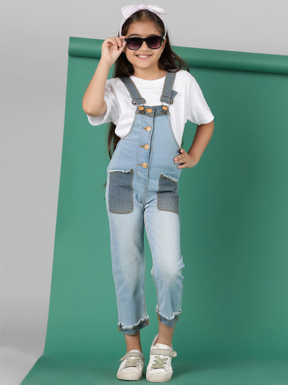 Girls Light Blue Washed Denim Dungarees
