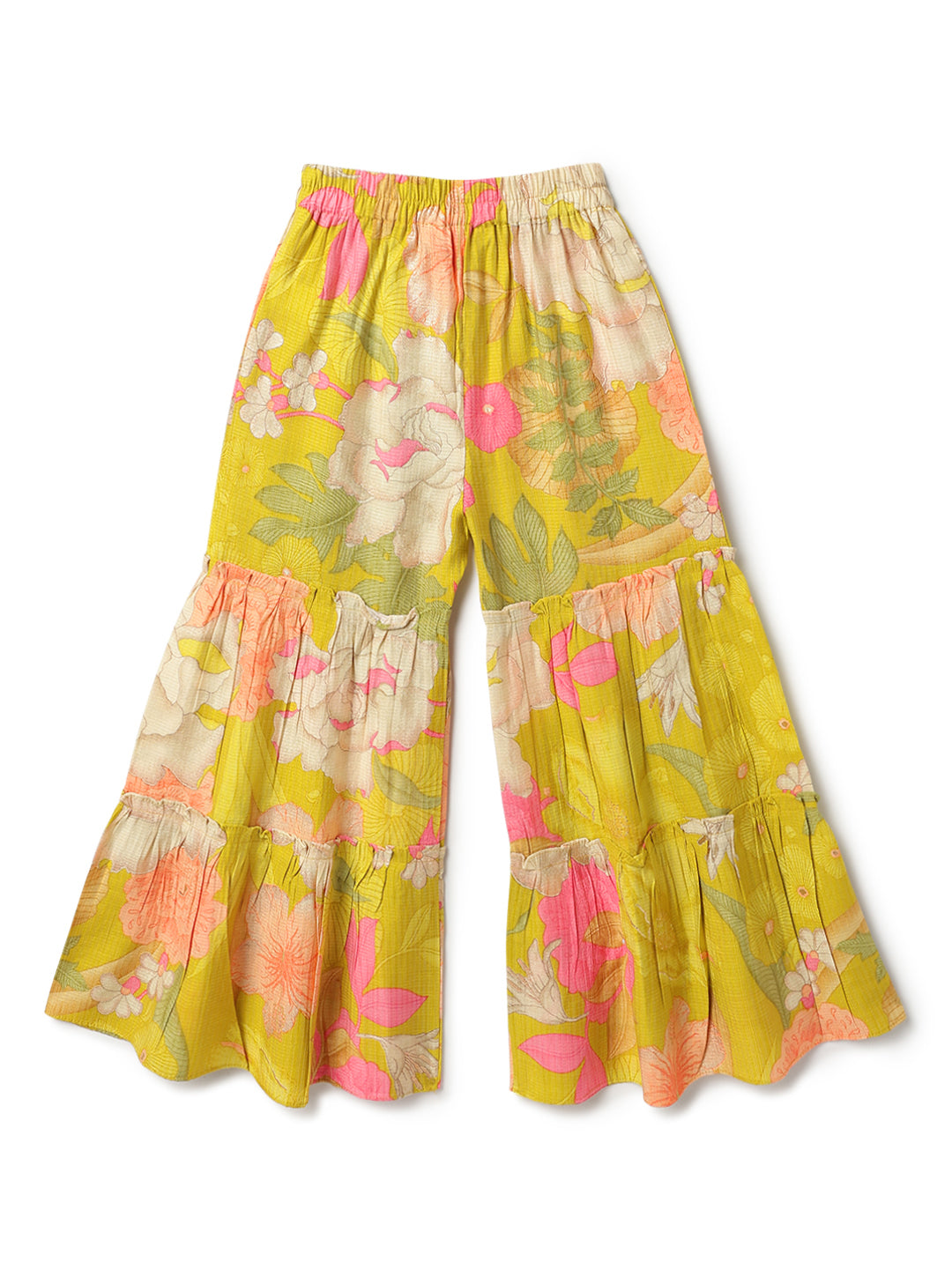 Girls Lime Yellow Printed Top & Sharara Ethnic Set