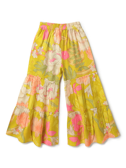 Girls Lime Yellow Printed Top & Sharara Ethnic Set
