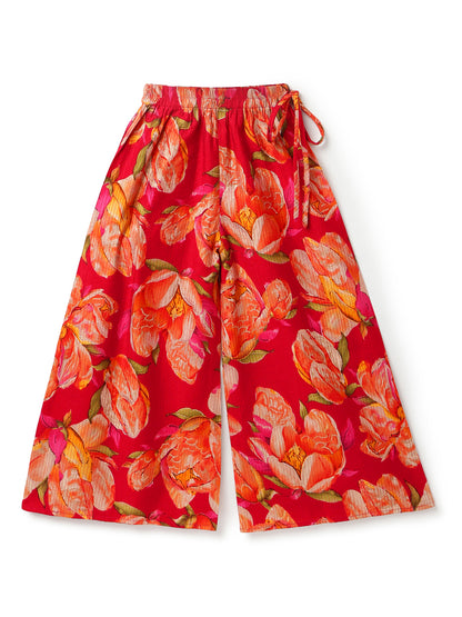 Girls Red Printed V-Neck Viscose Ethnic Kurta Set