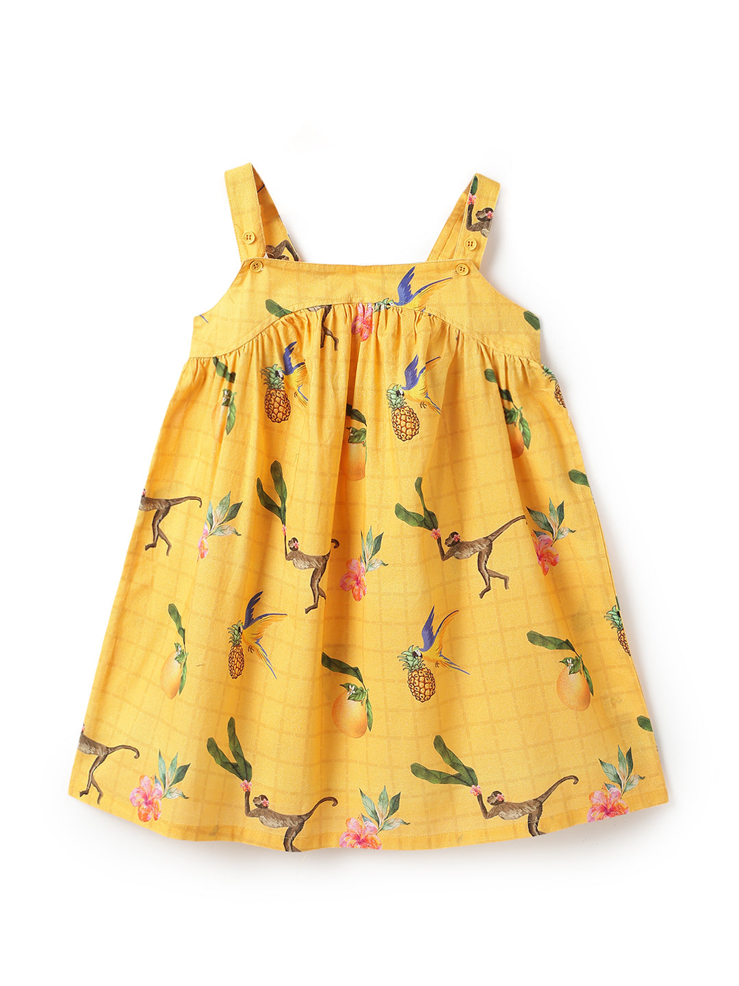 Girls Yellow Floral Printed Cotton Dress with Olive Denim Jacket