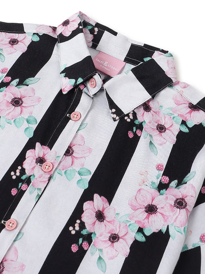 Girls Black Floral Printed Shirt