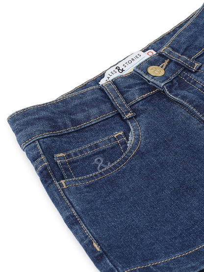 Girls Dark Blue Washed Lycra Regular Fit Above Knee Shorts