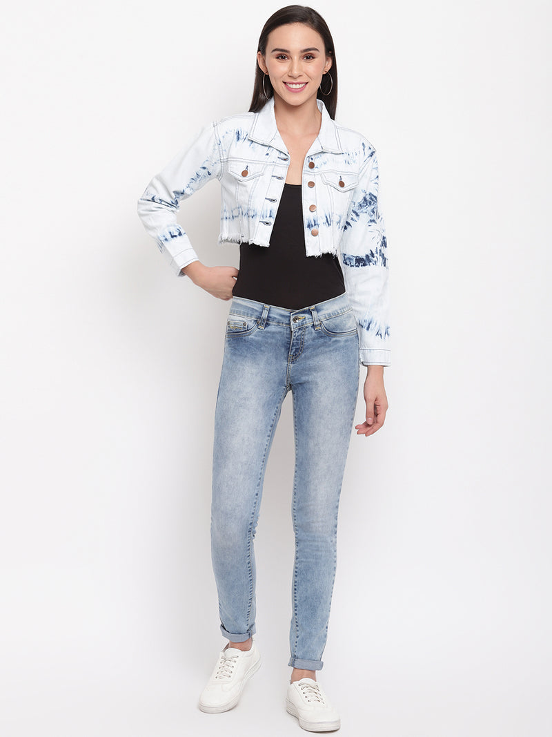 Women Light Blue Fray Hem Denim Jacket