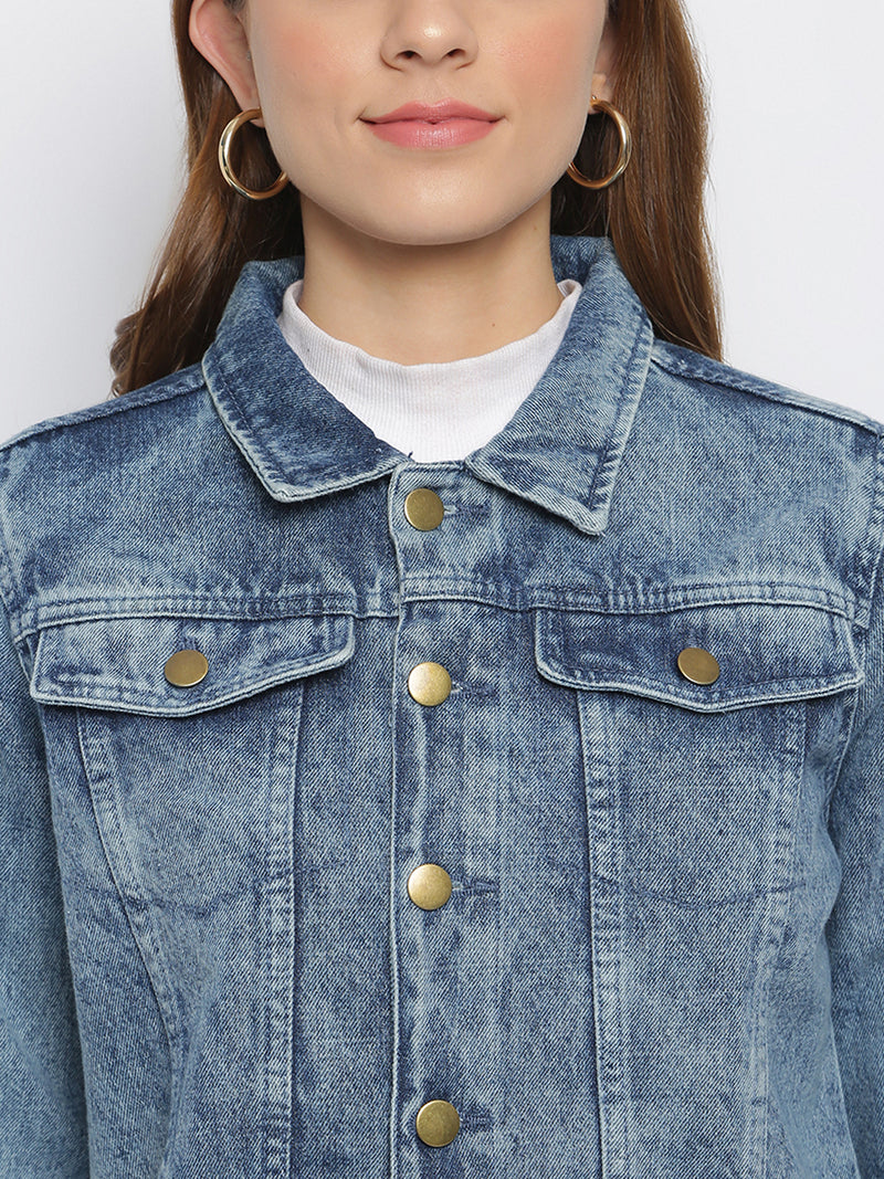 Women Mid-Blue Printed Denim Jacket