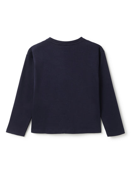 Boys Cotton Printed Navy Blue T-Shirt With Black Cotton Solid Tapered Fit Trouser