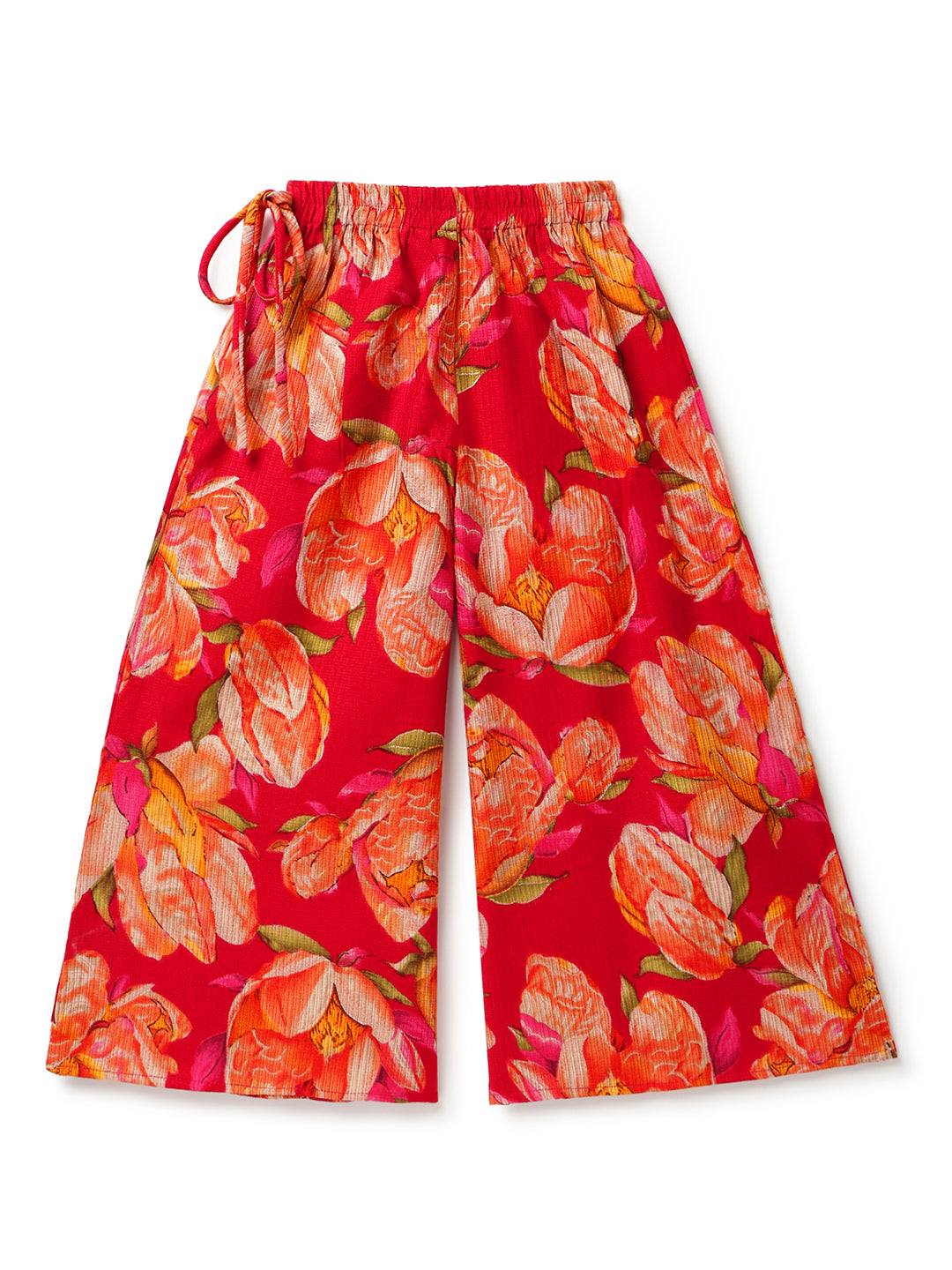 Girls Red Printed V-Neck Viscose Ethnic Kurta Set