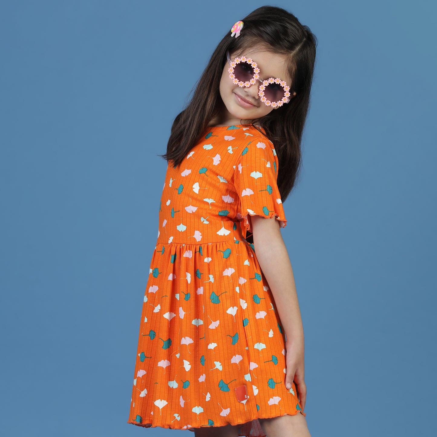 Girls Orange Floral A-Line Dress