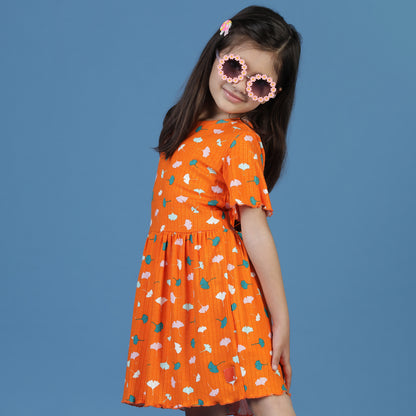Girls Orange Floral A-Line Dress