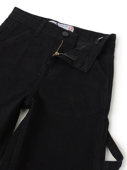 Boys Cotton Orange T-Shirt With Black Lycra Denim Solid Relaxed Fit Jeans