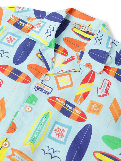Boys Cotton Blue Printed Shirt With Blue Denim Washed Slim Fit Jeans