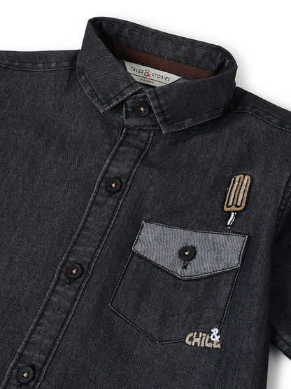 Boys Cotton Black Shirt with Blue Denim Jeans Set