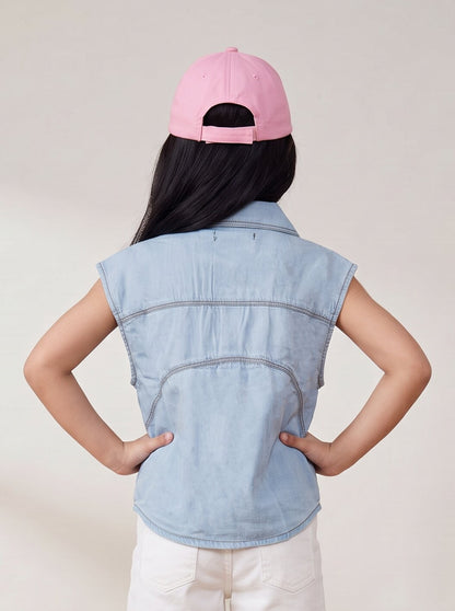 Girls Light Blue Cotton Blend Embroidered Shirt