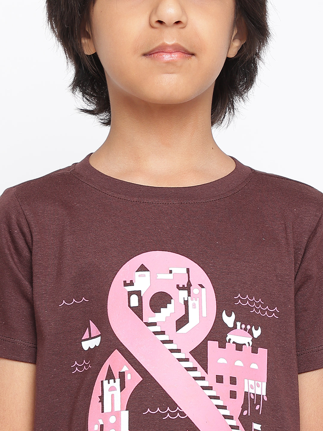 Boys Cotton Brown T-Shirt With Black Denim Solid Slim Fit Joggers