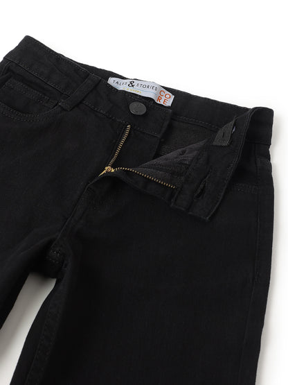 Boys Cotton Peach T-Shirt With Black Denim Washed Straight Fit Jeans