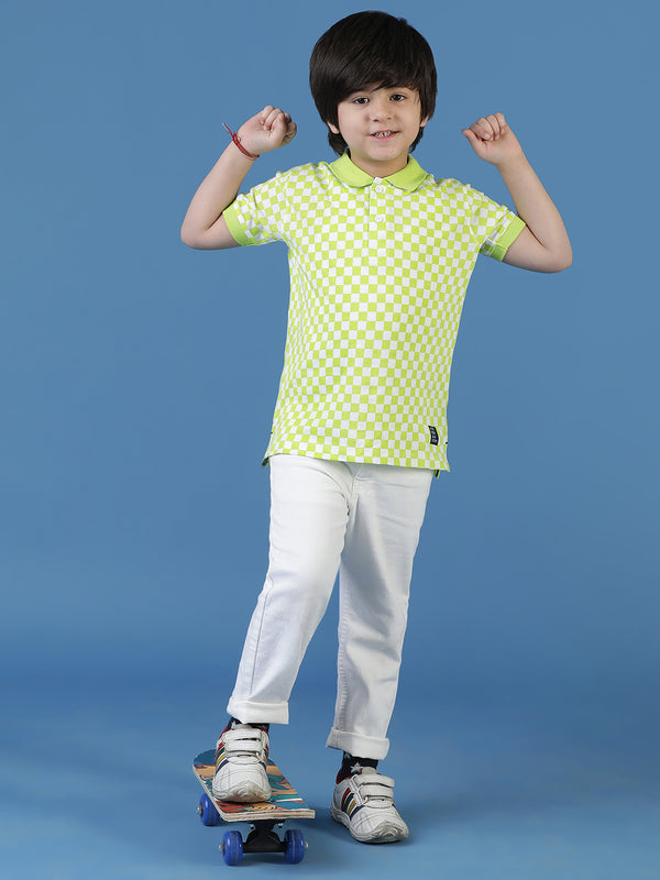 Boys Green Neon Checkered Polo T-Shirt