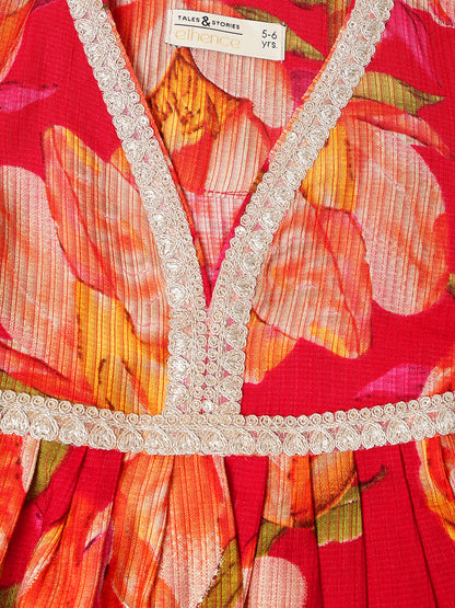 Girls Red Printed V-Neck Viscose Ethnic Kurta Set