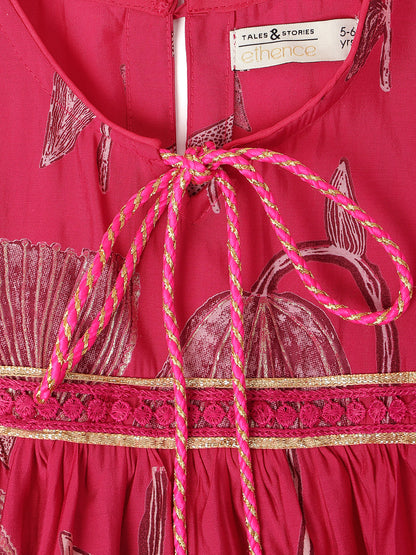 Girls Pink Printed Viscose Round Neck Kurta Set