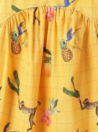 Girls Yellow Floral Printed Cotton Dress with Olive Denim Jacket