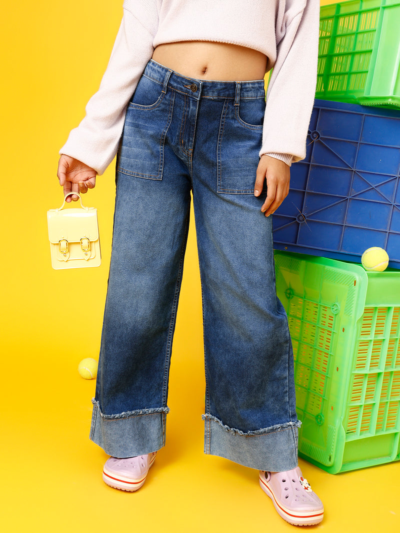 Girls Dark Blue Wide Leg Fit Lycra Washed Jeans